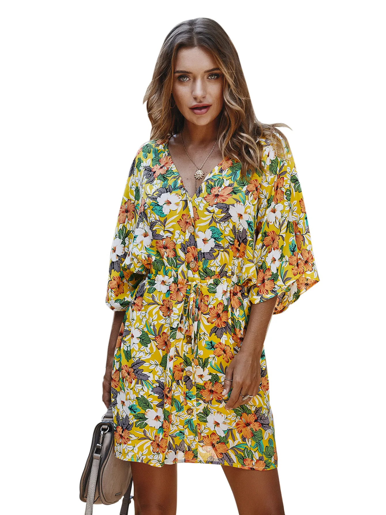 

Half Sleeve Button Up Loose Casual Short Sleeve Mini Dress Printed Dresses for Women 2021 Flowers High End Street Wear Clothes