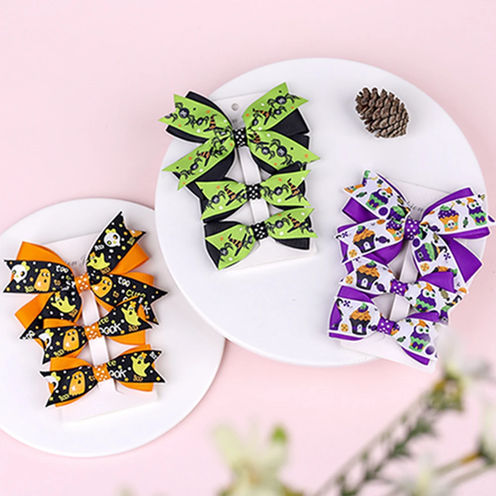 

3pcs/lot Fashion Cartoon Print Dovetail Bows Infant Hair Clips Cute Baby Girls Bangs Hairpins Halloween Decoration Holiday Gifts