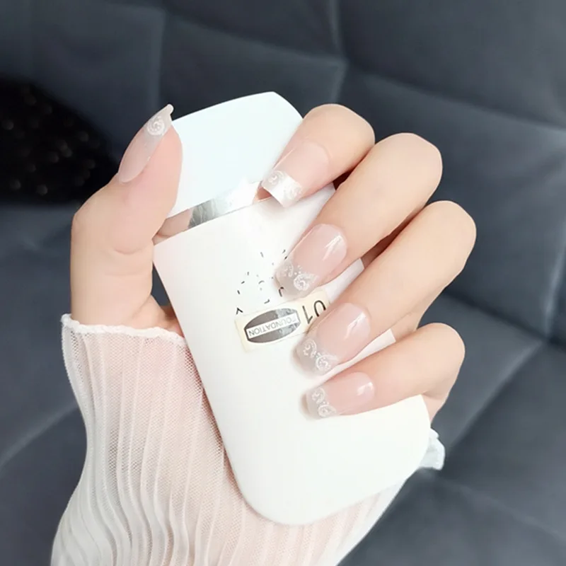 

24pcs French Oval White Lace Decorated False Nails Small Fresh Butterfly Pattern Press On Fake Nails Reusable Wearable Nail Art