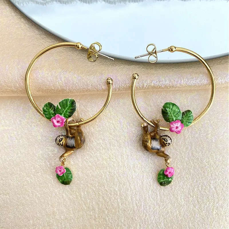 

New Lovely Bradypod and Leaves Earrings for Hoop Fashion Gold Color Metal Luxury Hand Painting Colorful Hoop Earring GiftJewelyr