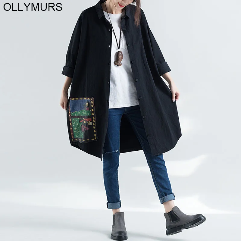 2019 New Women Plus Size Cartoon Print Shirt Blouse Cotton Oversize Batwing Vintage Long Cardigan Roupa Feminin 6XL | Женская одежда