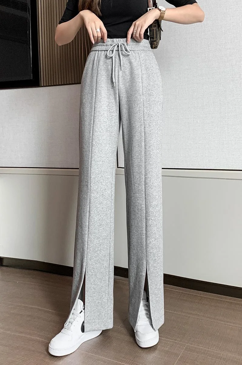 

Настоящие серые широкие спортивные брюки с разрезом, женские весенне-осенние брюки с высокой талией