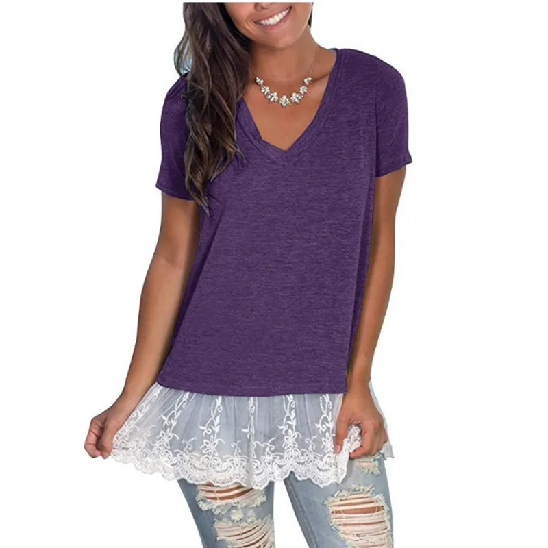 

Explosive high-quality four-piece women's V-neck short-sleeved hem lace Harajuku fashion ladies T-shirt
