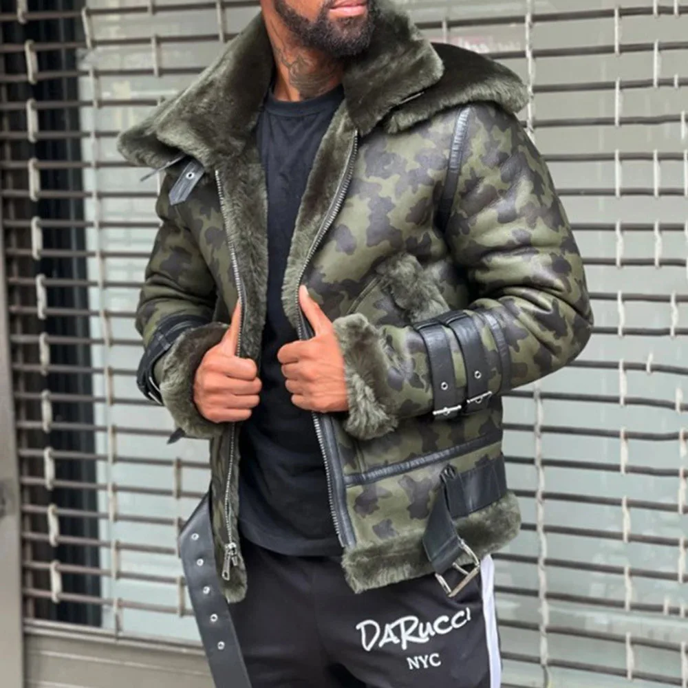 

2021 New Leather Jacket Fashion Mens Camouflage Fur Collar Zipper Long Sleeve Plus Velvet Thicken Warm Fashion Leather Jacket