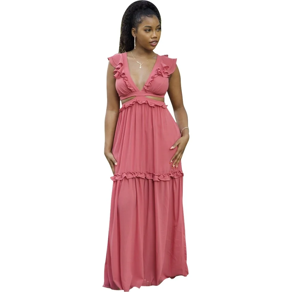 

Zoctuo Solid Sexy Dresses For Women Party Hollow Out V Neck Casual Dress Pleated Ruffles Sleeveless Summer Fashion Maxi Dresses