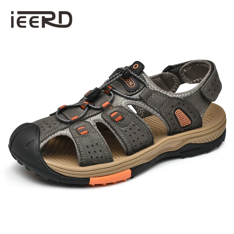 

IEERD Genuine Leather Outdoor Sandals For Men High Quality Hand-made Summer Shoes Beach Sandals Casual Sandals