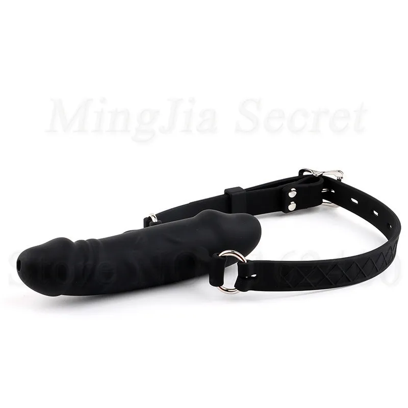 Силиконовый двухсторонний фаллоимитатор с открытым ртом и ремешком на пенис