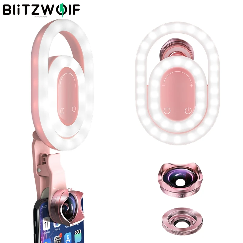 

BlitzWolf BW-SL1 3 in 1 Smart Selfie Fill LED Light with 4K HD Super Wide-angle Lens 15X HD Macro Lens Camera Lens