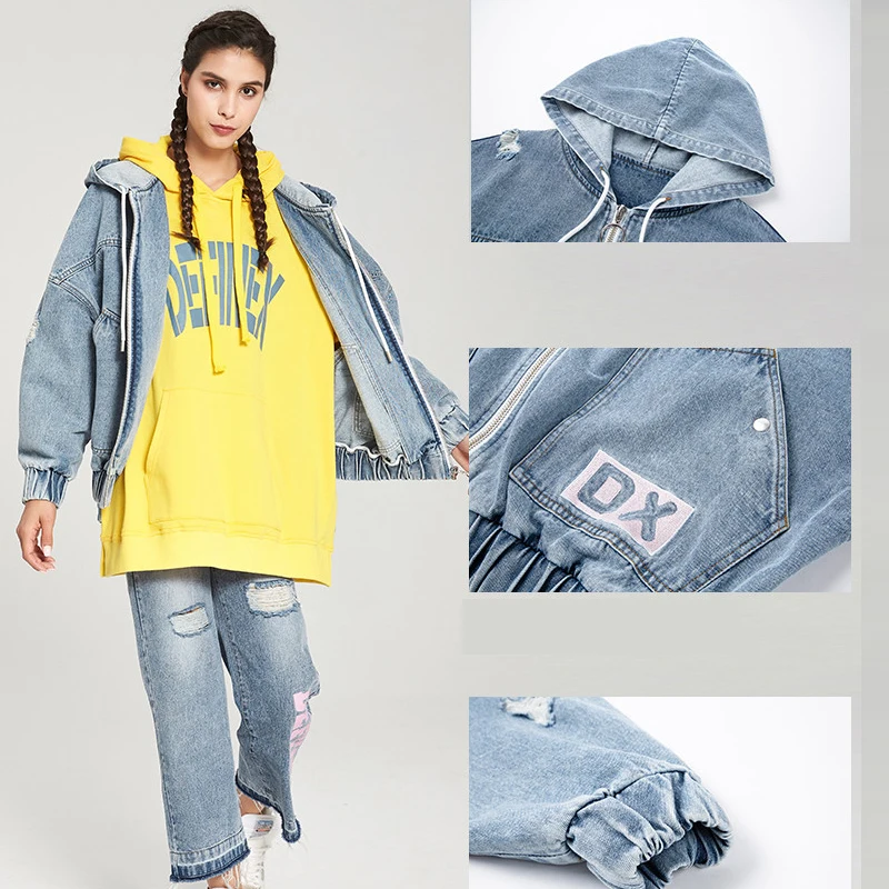 Женская джинсовая куртка с вышивкой Корейская уличная одежда на молнии дырками