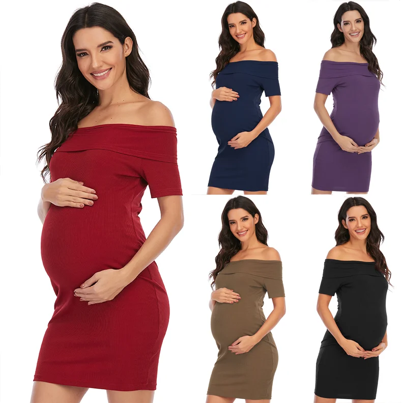 Summer Off Shoulder Maternity Dress Women Dress Pregnancy Clothes Ruched Sides Pure Color Bodycon Knee Length Pregnant Dresses