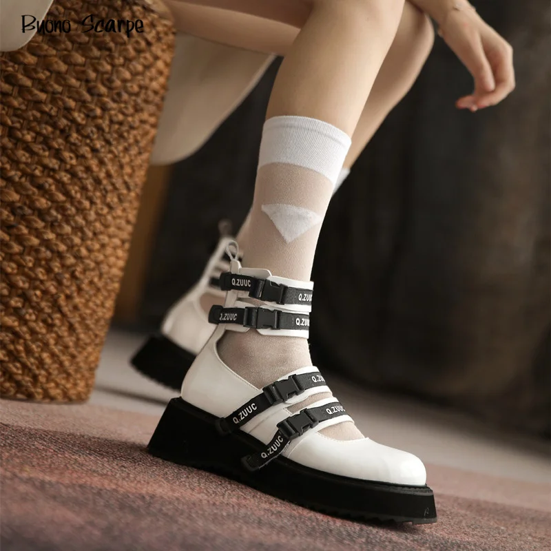 

New Flat Platform Belt Buckle Mary Jane Shoes Leather Thick Bottom Women Casual Shoes Hook Loop Hollow Mujer Single Party Shoes