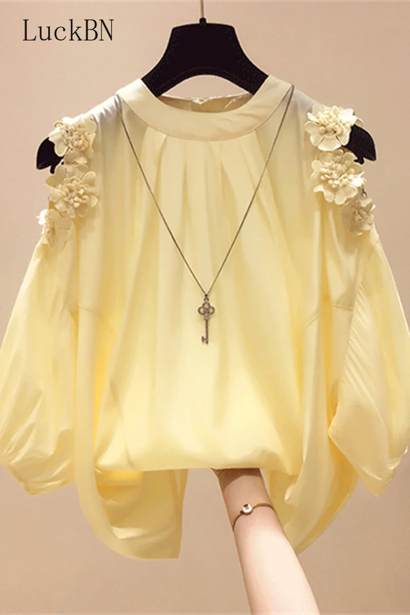 

Spring Summer Blouses Short Sleeve OL Chiffon Shirt Women Off-Shoulder Pullover Flowers Loose Blouse Women Blusas Mujer De Moda