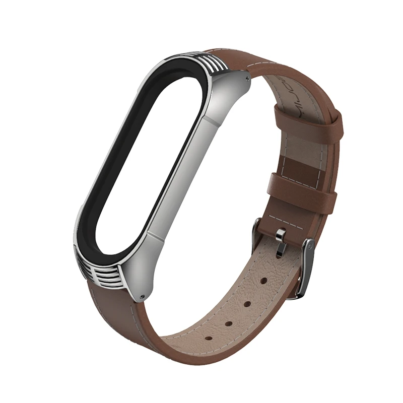 Leather-brown silver Браслет из натуральной кожи для mi Band 4 ремешок для Xiaomi mi Band 4 correa mi band 3 ремешок TF стиль смарт ремешок для часов аксессуары - Цвет: Leather-brown silver