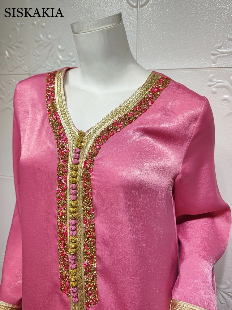 

Ramadan Eid Pink Maxi Dress For Women Modest Muslim Turkey Arabic Dubai Diamond Ribbon V Neck Long Sleeve Jalabiya 2021
