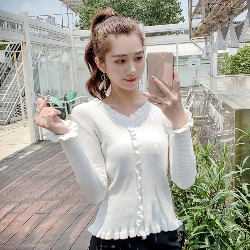 

New Women Knitted Sweater Wooden Ear Knitted Solid Color V-neck Short Sweater Slim Long-sleeved Shirts