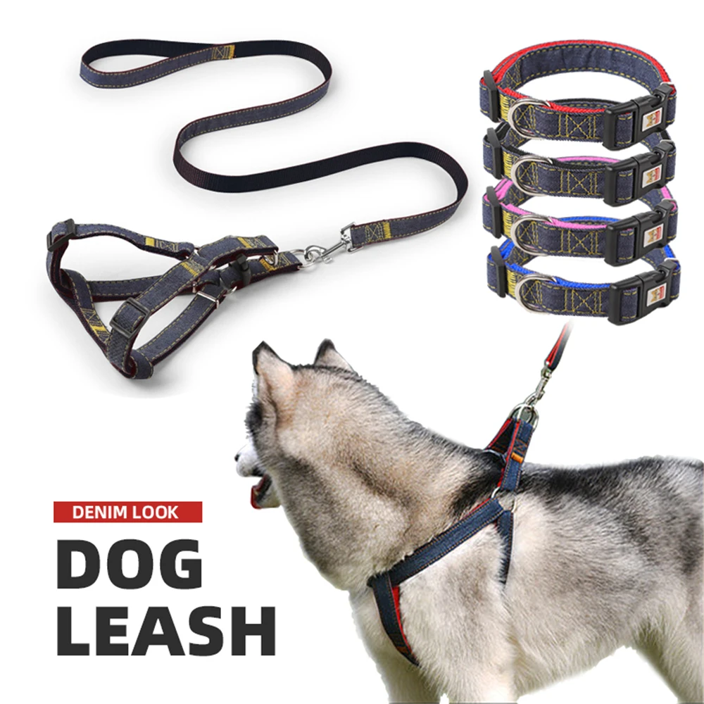 Новое поступление Красочная джинсовая ткань деним собаки жгут поводок ошейник