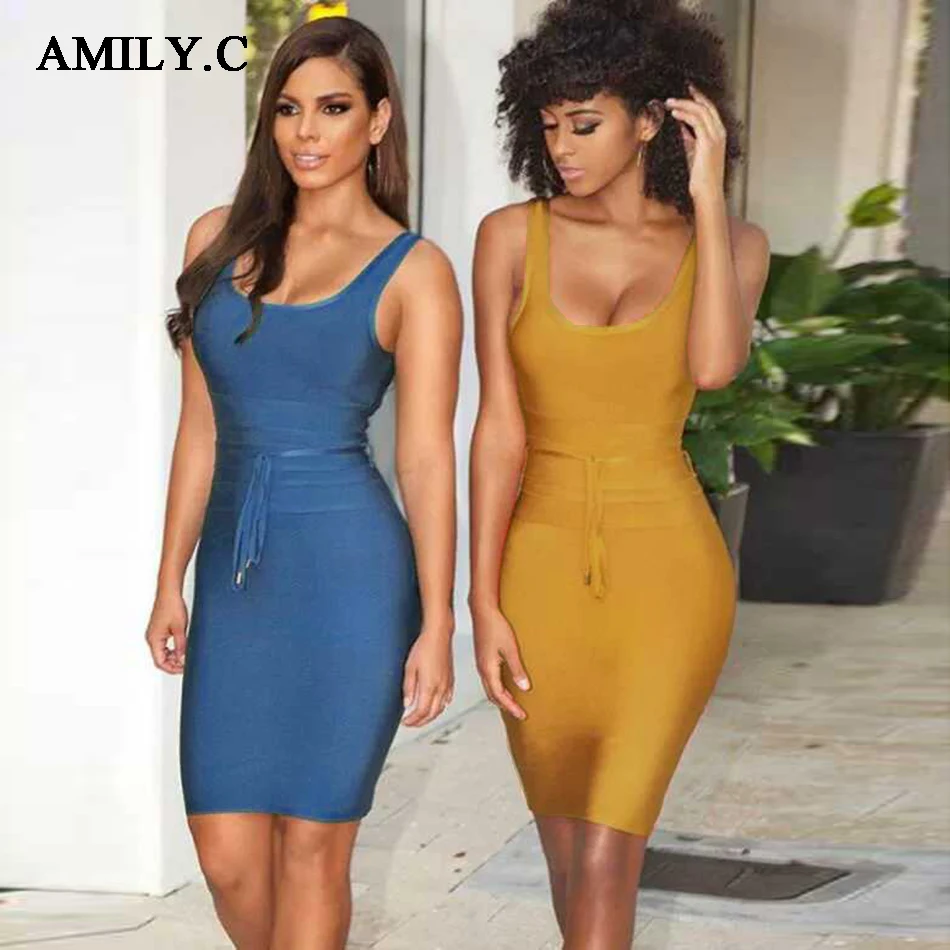 Женское облегающее платье без рукавов Amily.c оранжевое синее зеленое Бандажное для