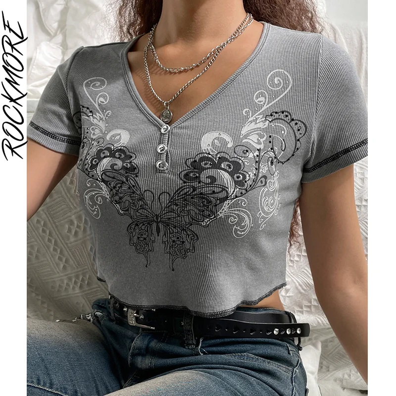 

Rockmore Grey Print Crop Tops Summer Y2K Aesthetic Short Sleeve T-Shirt Women Casual Cotton Basic Graphic Tee Shirts Harajuku