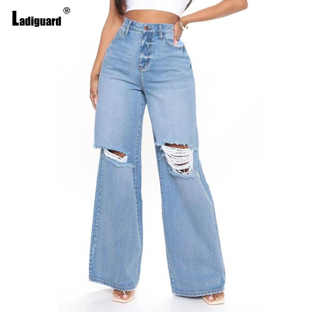 Ladiguard Sexy Fashion Wide Leg Pants High Cut Women's Jeans Hole Ripped Denim Pants Vintage Shredded Denim pants Vaqueros Mujer