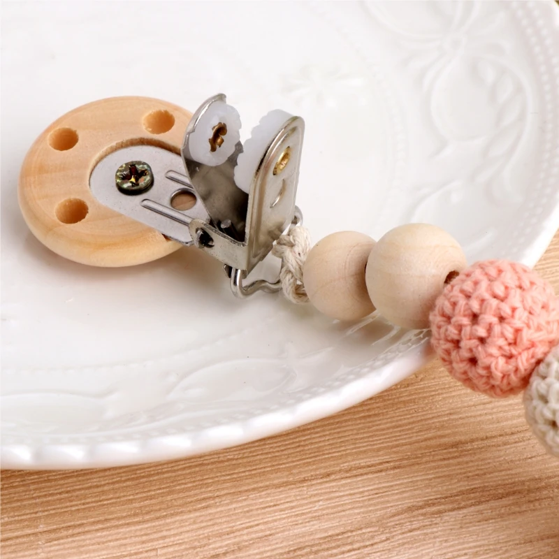 

Baby Kids Wooden Beaded Pacifier Holder Clip Nipple Teether Dummy Strap Chain