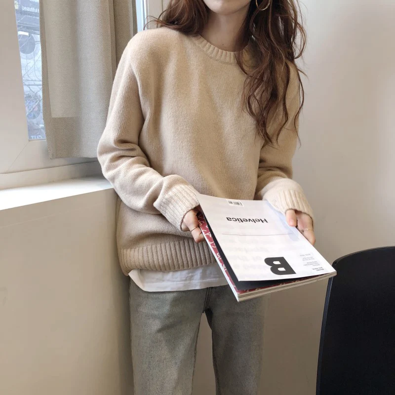 

Women Harajuku Casual Sweaters 2021 Autumn Winter Chic Loose O Neck Solid Color Knitted Pullover Female Warm Basic Sweet Jumpers