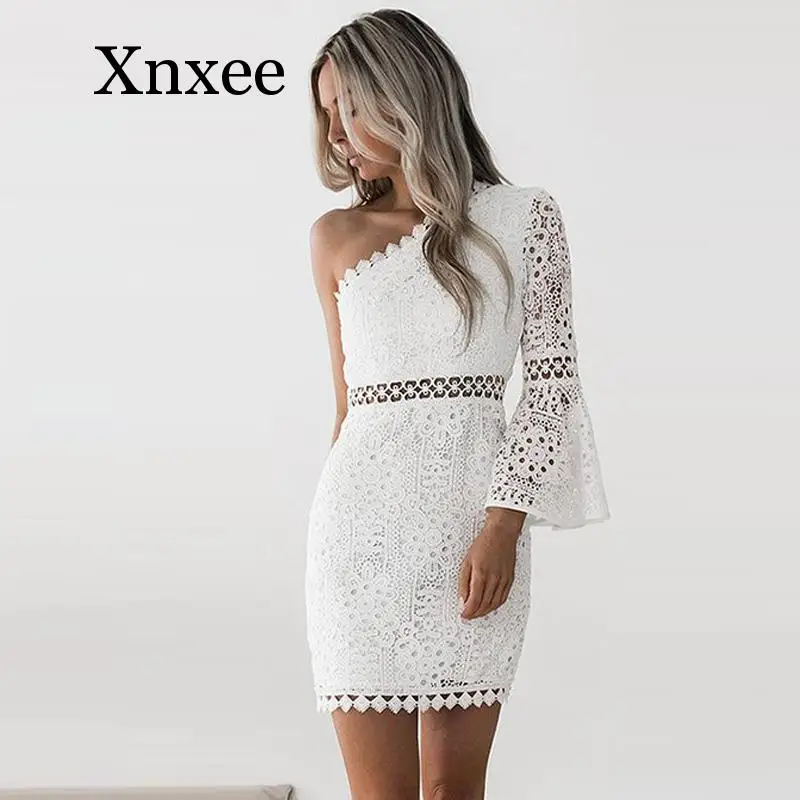 

Vintage Summer Women Sexy White Floral Lace Dress Slim Bodycon One Shoulder Long Flare Sleeve Hollow Sweet Female Mini Party