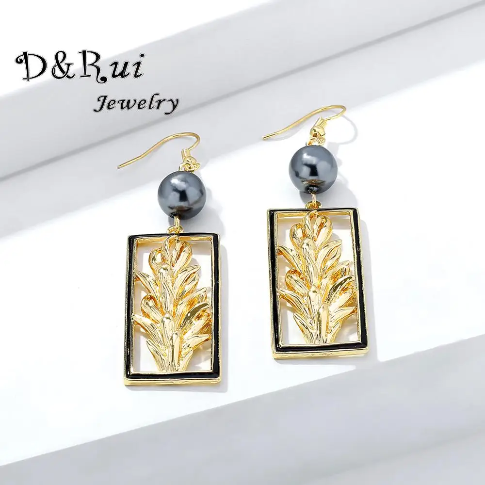 Женские серьги подвески в виде Гавайских растений золотого цвета с жемчужинами и