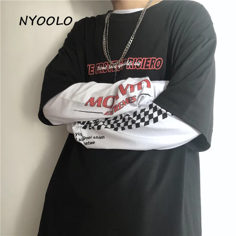 NYOOLO Harajuku винтажный с буквенным принтом фальшивый из двух частей клетчатый лоскутный Топ Осенняя уличная одежда с длинным рукавом Футболка женская мужская одежда