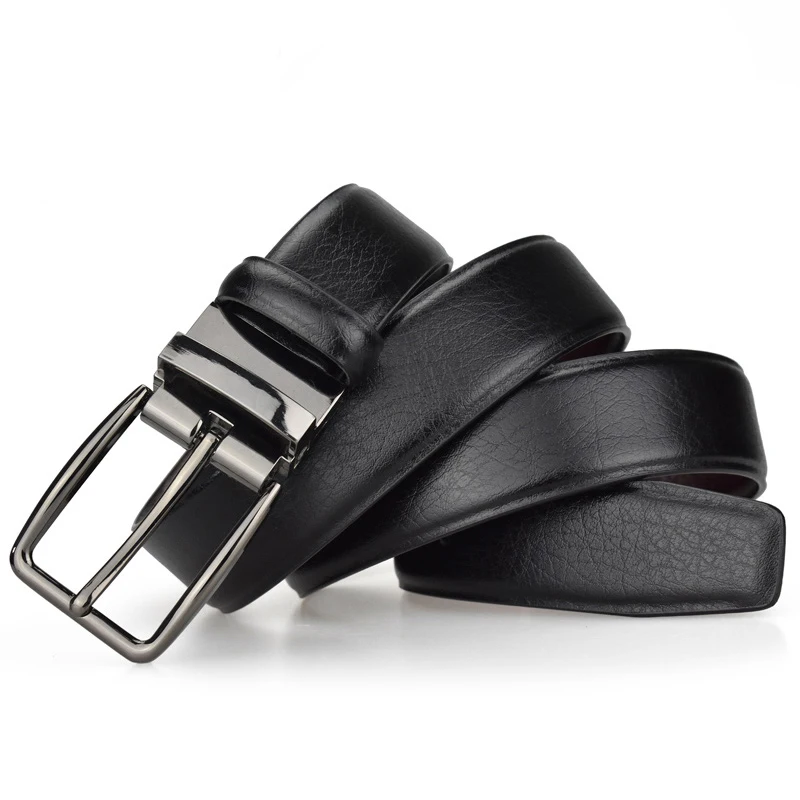 

Anpudusen Men's Reversible Classic Black Dress Belt Leather Rotating Silver Buckle Two in one by Beltox fine