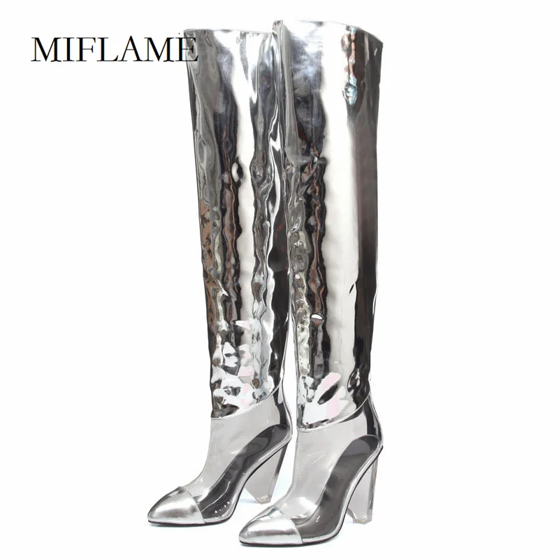 

Fashion Transparent Instep Patchwork Boots Women Special-Shaped Heels Pointed Toe Over The Knee Boots Sexy Mature Party Heels