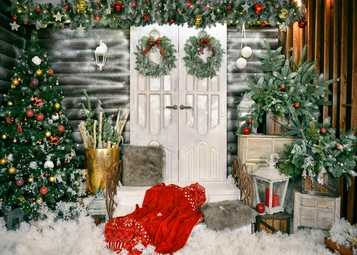 

Christmas photography backdrop wood door winter snowflake photo booth background studio Christmas tree background photocall