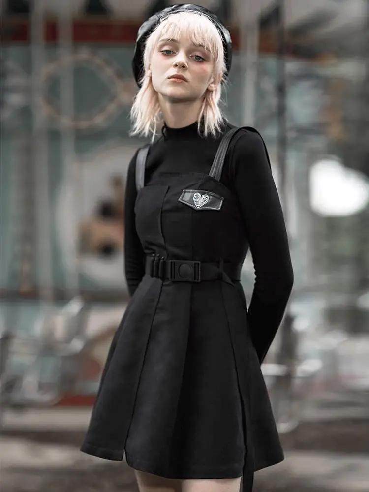 Панк рейв женские готические сердца вышитые аппликации чулок платья с поясом PQ 674