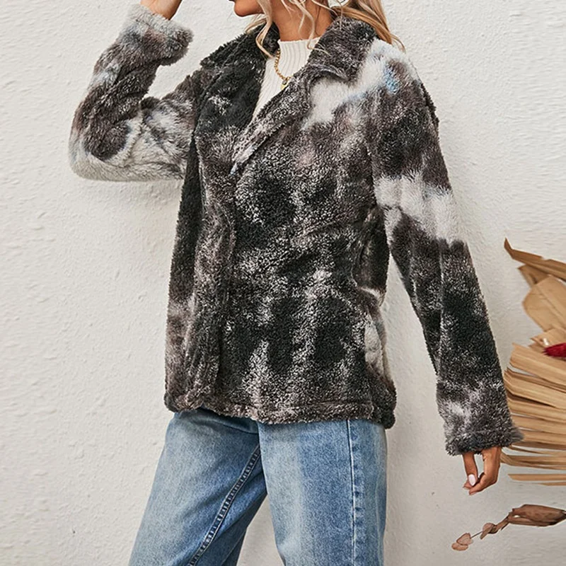 

Women'S Fashion Tie Dye Printed Double Side Plush Long Sleeve Jacket