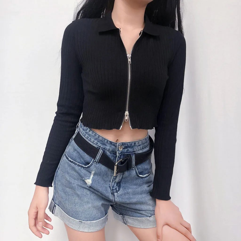 Sexy Slim Zip Up Crop Top Women Fashion Long Sleeve Black Blouse Knitted High Quality Blouses Woman 2020 Blusa Feminina#G3 | Женская