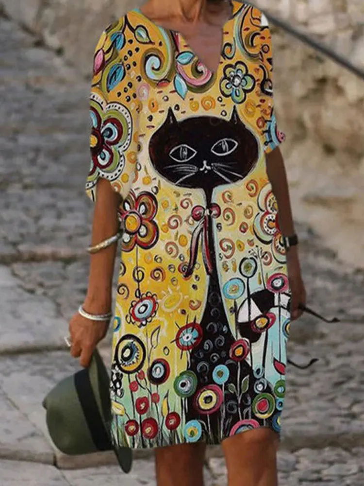 

Women Elegant V-Neck A-Line Dresses 3/4 Sleeve Vintage Flower Cat Printed Casual Loose Streetwear Pullover Dress Vestidos