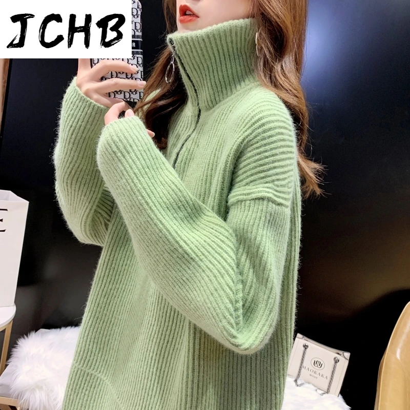 

JCHB Women Oversized Sweater and Long Pullovers Turtleneck Knitted Pull Sweates Large Size Pure Color Vintage Sweater Jumper