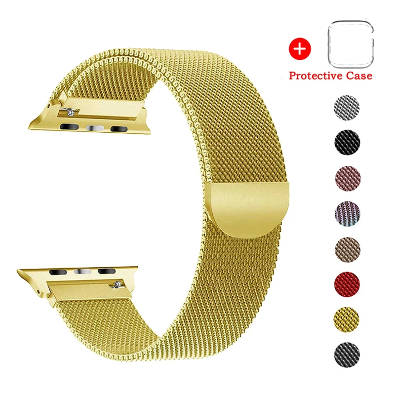 gold Чехол+ Миланский ремешок-петля, браслет из нержавеющей стали для Apple Watch 4, 5, ремешок 44 мм, 40 мм, ремешок для Apple Watch 3, 2, 1, ремешок 42 мм, 38 мм - Цвет ремешка: gold