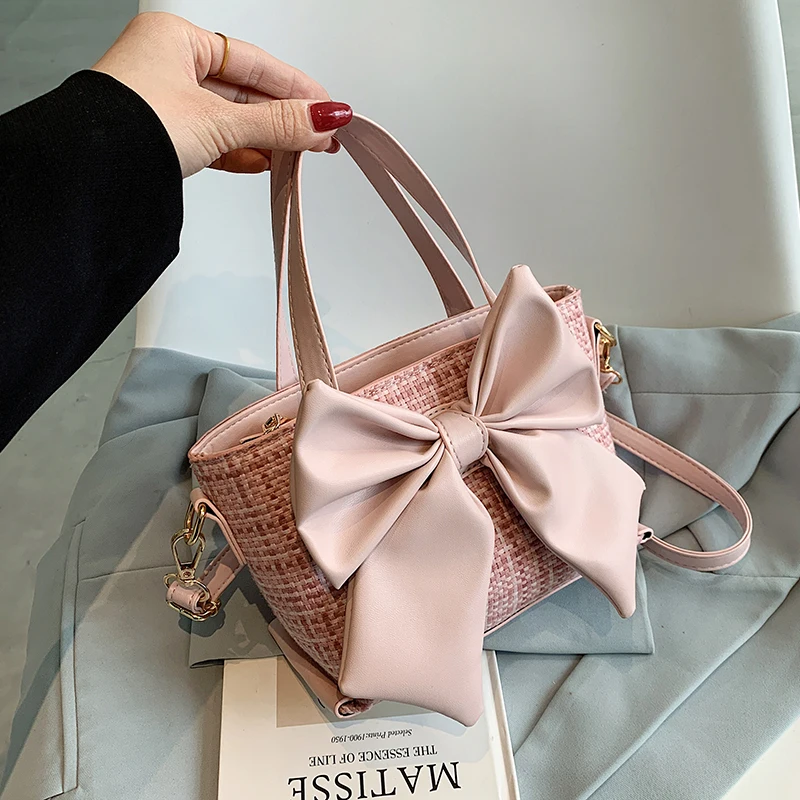

Retro Women Bowknot Small Tote Bucket Bags New Fashion Ladies Plaid Shoulder Messenger Bag Elegant Female Clutch Purse Handbags
