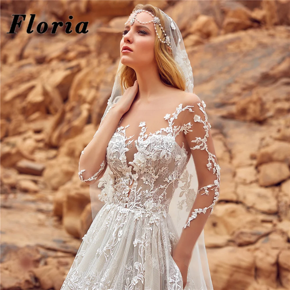 

New Design Lace Crystals Luxury Cathedral/Royal Train Wedding Dresses Illusion Neck Beading with Appliques Bridal Gowns 2020