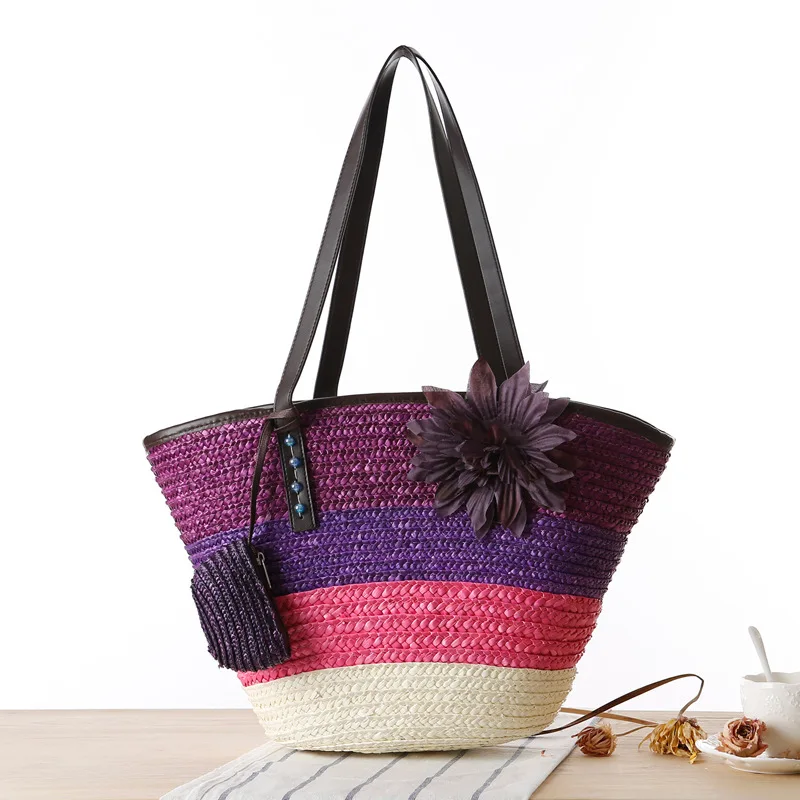 

casual flower rattan women shoulder bags wicker woven handbags summer beach straw bag bali large tote travel purse composit bag