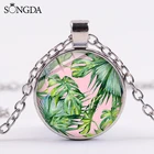 Новинка 2019, модное ожерелье с пальмовыми листьями Ins, ожерелье с милым розовым и зеленым тропическим принтом джунглей, ожерелье с кулоном в виде стеклянного купола, подарок для девушек