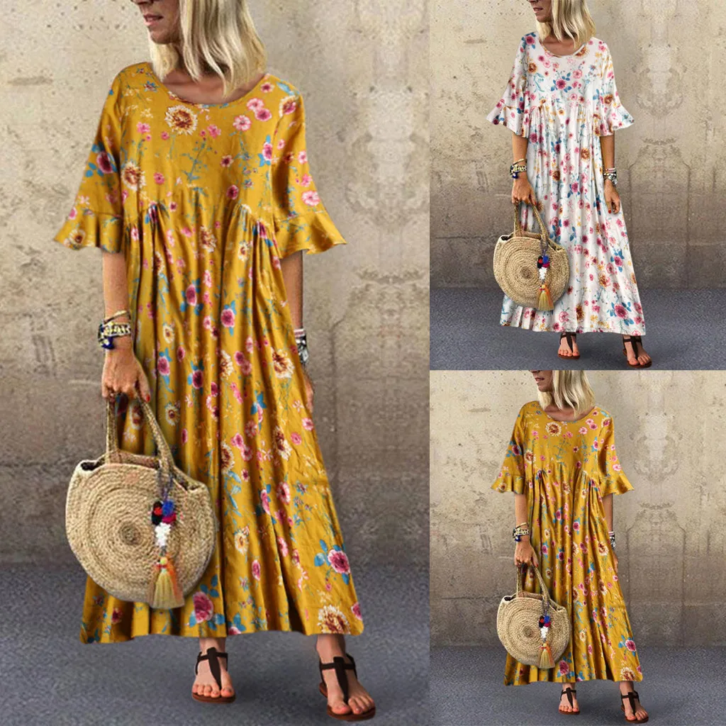 

Tide Women Vintage Dress Leisure Trumpet Sleeve O-Neck Broken Flower Print Long Dress Casual Summer Boho Dresses Loose Dresses