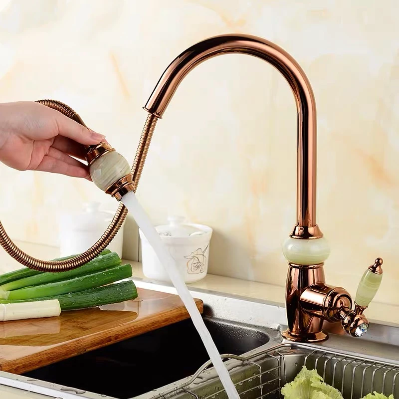Кухонный кран LIUYUE выдвижной круглый смеситель из розовой латуни с нефритовой