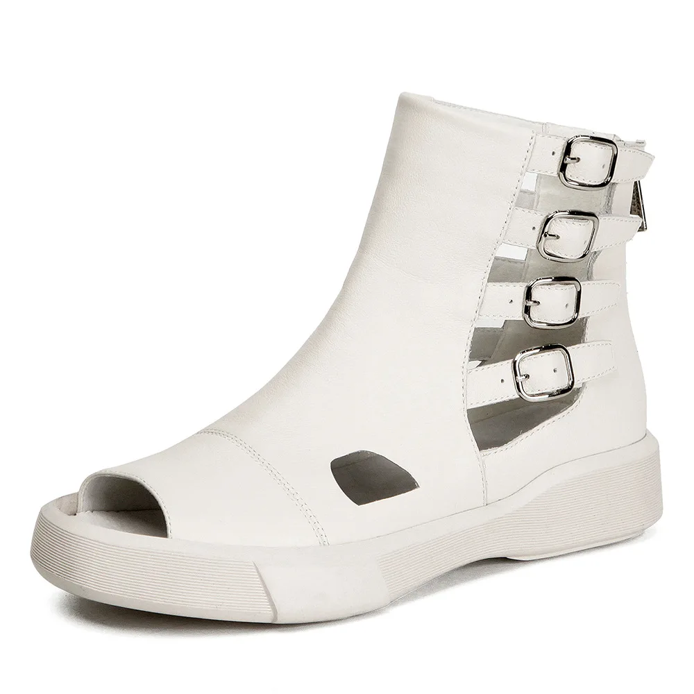 

2020 summer new leather cool boots women's fish mouth flat bottom middle heel hole shoes women's hollow casual shoes