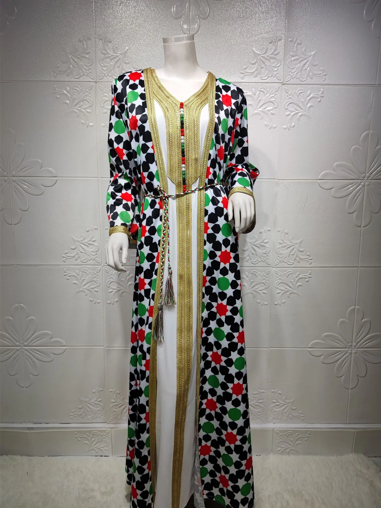 

Mandylandy Muslim Dubai Geometric Print Robe Women's Casual Long Sleeve Tassel V-neck Stitching Loose Dress Arab