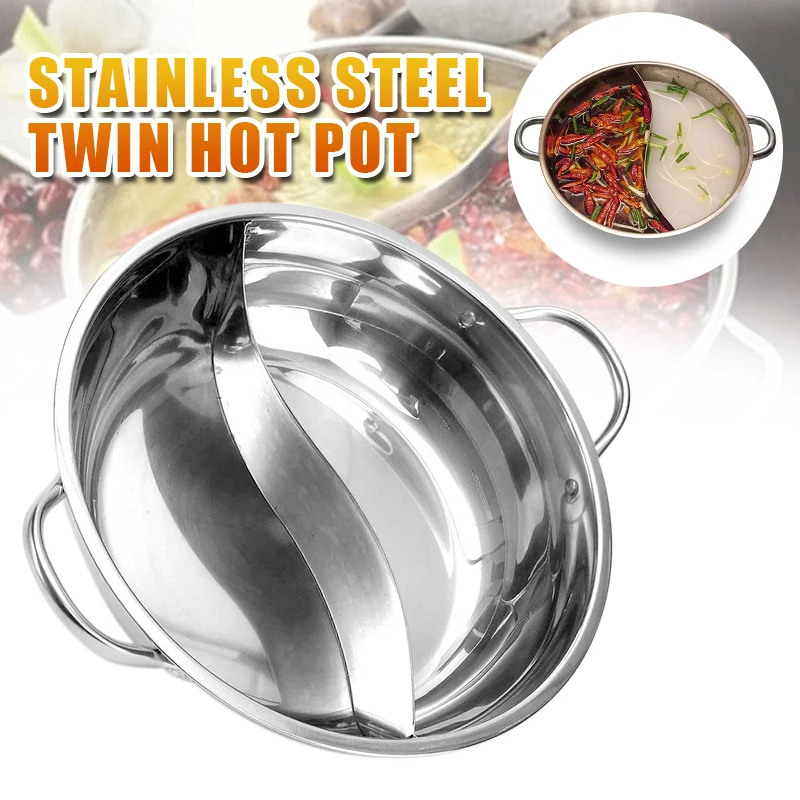 Twin Hot Pot 2 Lattice Thick Double Ear Soup Cooker Stainless Steel Hot Pot Twin Divided Cookware Dish Plate Induction Cooker