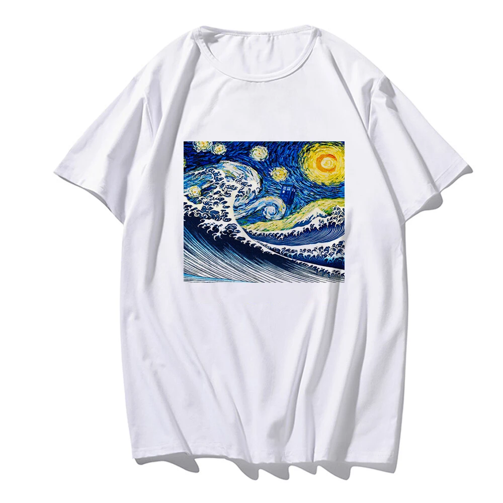 

New Women's White Tshirt Harajuku Doctor Tardis Van Gogh Printed TShirt Vogue Pretty Girl Clothing Leisure Female T-shirt Tops