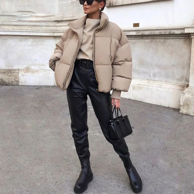 

Coats Female Khaki Jackets Pockets Zipper Simple Overcoats Fashion Stand Collar Parkas Women Thick Warm Winter Bubble