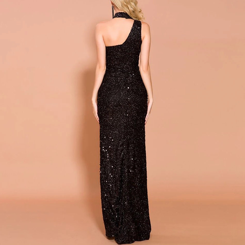 

Ailigou Free Shipping 2021 New Chic Sequins Embellished Sexy One Shoulder Sleeveless Backless Design Celebrity Party Long Dress