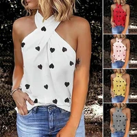 sexy women vest sleeveless heart printed back zipper halter blouse t shirt for daily wear